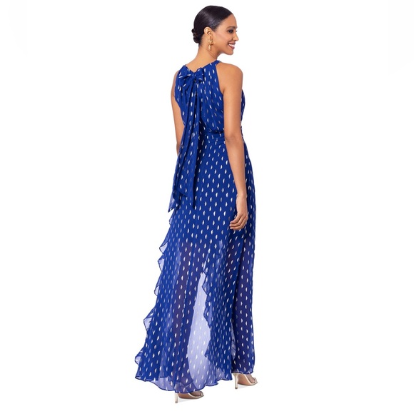 Betsy & Adam Metallic Chiffon Front Ruffle Slit Halter Neck Sleeveless Gown - Picture 13 of 16